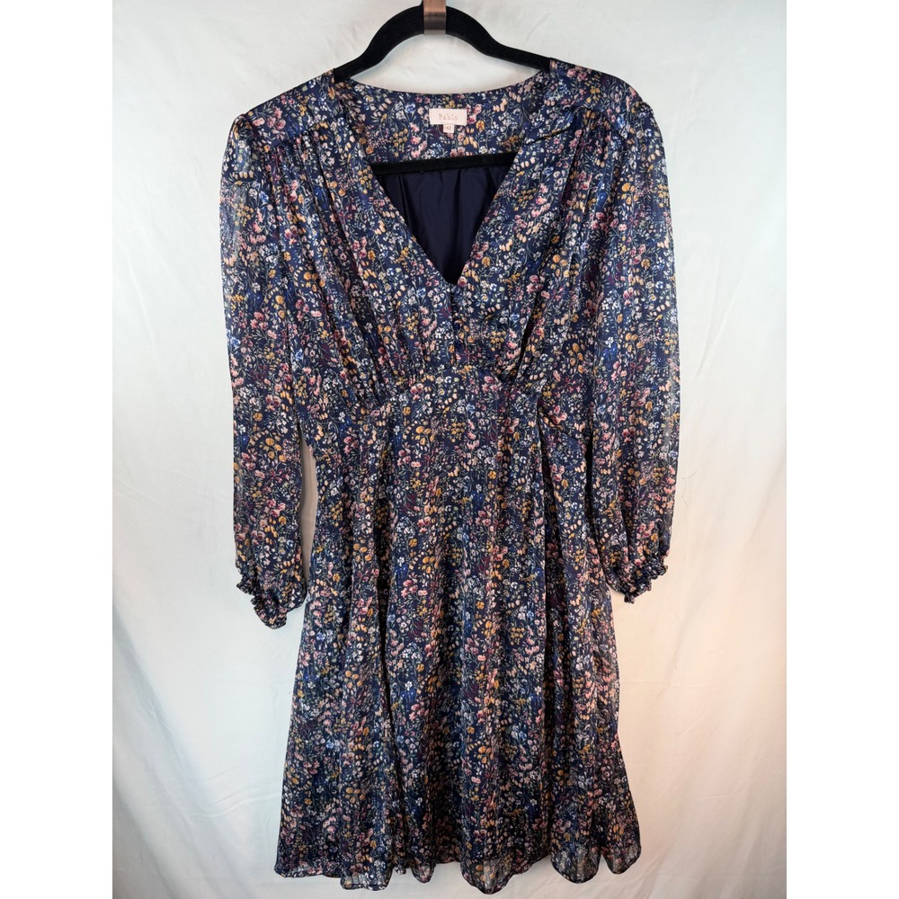 Pablo Navy Blue Floral Metallic Pinstripe V-Neck Long Sleeve Mini Dress Sz 42